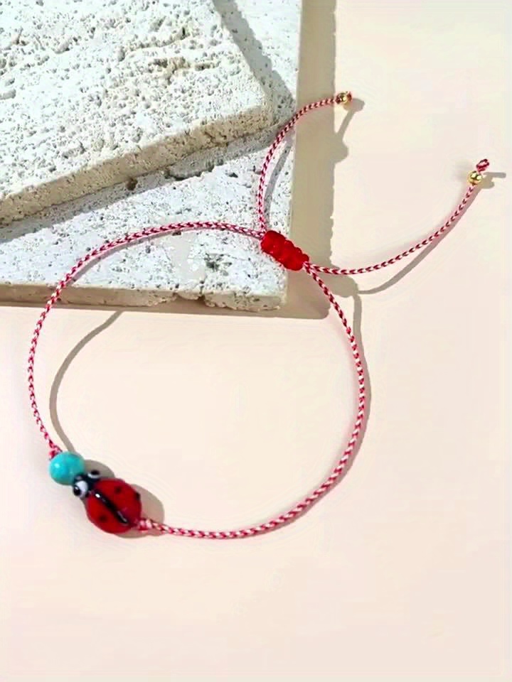 Ladybug Red & Turquoise Bracelet Bohemian Style Beaded Animal Theme